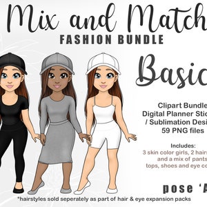 Hand drawn Customisable Mix Match Dress-Up Dolls, Basics Fashion Girl, Digital Planner PNG, Kawaii Clipart Personalised Chibi Sublimation