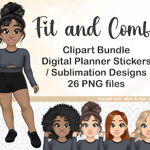 Cute Athleisure Girl PNG, Kawaii Gym Outfit Doll Clipart, Exercise Woman Printable Sticker, Planning Icons, Sublimation Files for Cricut