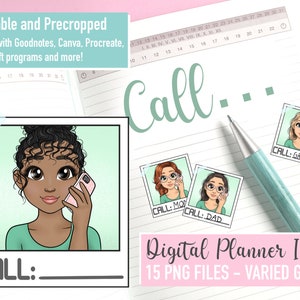 Telefoontje Herinnering Mini Digitale Planner PNG Iconen, Moeder Emoticon Meisje PNG-bestanden, Afdrukbare Planner Goodnotes Wekelijkse Sticker, Call Clipart SVG