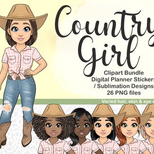 Clipart carina ragazza di campagna, Kawaii Cowgirl Chibi PNG, stivali da cowboy donna in jeans denim, design personalizzabile e stampabile per sublimazione ragazza SVG