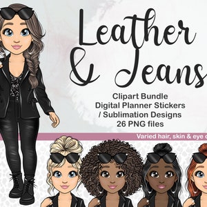 Blouson en cuir dessiné à la main et Jeans Fashion Girl Clipart, PNG femme élégante, Stickers Biker Planner, Sticker imprimable BuJo femme afro
