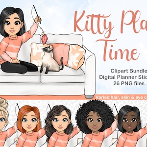 Fille jouant avec chat, chat maman Clipart, furtivement chat Clipart, fille avec chat Clipart SVG, téléchargement immédiat, PLR Digital Stickers, Commercial