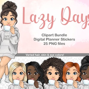 Handgezeichnete Faulen Tage Clipart, Faulen Sonntagen PNG, Cartoon Mom Dateien, Avatar Hispanic Frau, Afrikanisches Mädchen Kawaii Clipart, Aktivitätsprintables