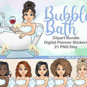 Clipart de fille de spa | Détendez-vous Clipart | Clipart de bain moussant | Autocollant de planificateur numérique Selfcare | Autocollant Détente | Téléchargement instantané