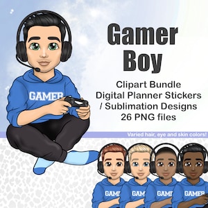 May include: A digital clipart bundle featuring a gamer boy in a variety of skin tones, hair colours, and eye colours. The boy is wearing a blue hoodie with the word "GAMER" on it and headphones. He is holding a video game controller. The clipart is ideal for digital planners, stickers, and sublimation designs.