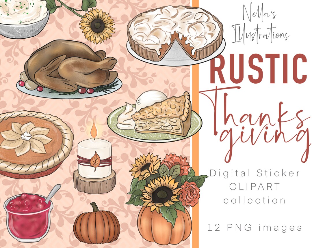 Hand Drawn Thanksgiving Clipart Bundle, Rustic Fall PNG (digital