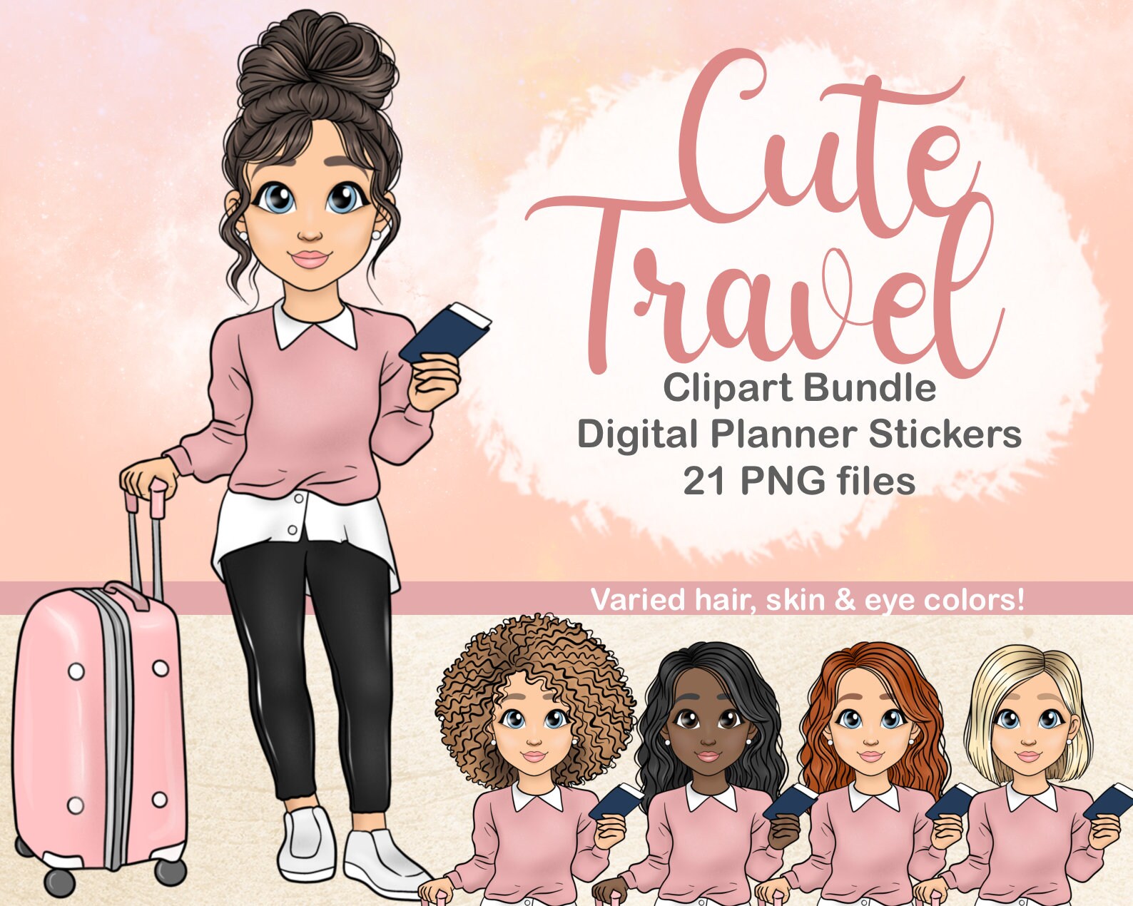 Travel Girl With Suitcase Printable Sticker Blogger Clipart | Etsy