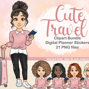 Reise-Mädchen mit Koffer druckbare Aufkleber, Blogger Clipart, reisende schwarze Mädchen Clipart, PLR digitale Aufkleber,