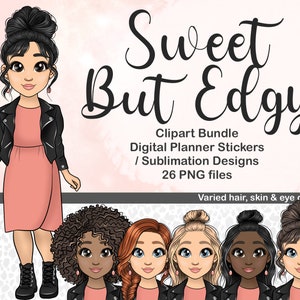 Sweet Edgy Fashion Doll Clipart, Kawaii Chibi Girl en veste en cuir PNG, Messy bun black girl digital planner sticker, hispanic woman svg