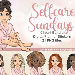 Selfcare Girl Clipart, Spa Girl Clipart, Glamorous Girl Clipart, Busy Mom Pamper Clipart, Digital Planner Fashion Girl, plr adesivo digitale