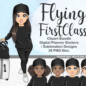 Travel Girl Clipart, Airport Digital Planner Stickers, Kawaii Woman in Sweatpants PNG, Sweatshirt Chibi with Suitcase Printable Sticker,