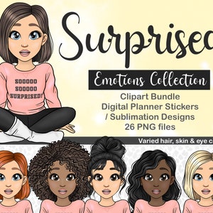 Clipart fille surprise dessinés à la main, autocollant imprimable sentiments, clipart enseignant, PNG émotionnel, poupée autocollant Happy Planner, tubercule png