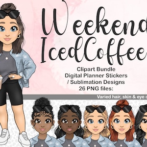 Wochenende Eiskaffee Mädchen, Clipart Mädchen, Kaffee PNG, süße Jeansjacke Mädchen druckbare Planner Aufkleber, Becher PNG, Kawaii digitale Aufkleber
