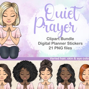 Biddend Meisje Clipart, Geloof Gebed Clipart, Vrouw PNG, Vrouwen Handen Devotionele Digitale Planner Sticker, Dankbaarheid Clipart, Instant Download