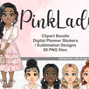 Vrouwelijke roze mode meisje illustratie, zwarte meisje clipart, girly planner poppen, African American clipart, kawaii sublimatie PNG-bestanden