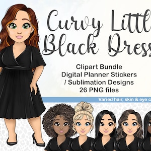 手描きのかわいい曲線美ファッションガールの黒いドレス PNG、かわいい印刷可能な Goodnotes ステッカー プラスサイズ クリップアート、魅力的な黒人の女の子のちび昇華