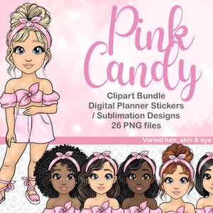 Cute Pink Fashion Girl Clipart, kawaii ballerina clipart, Afro Girl Digital Sticker, Girly Printable Sticker PNG, Sublimation Tumbler Design