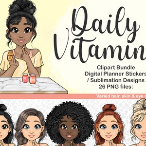 Dagelijkse vitamine herinnering digitale sticker, gezonde vitaminen meisje clipart, Kawaii fitness supplement vrouw SVG, ochtend wellness routine iconen