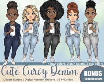 Curvy Girl Clipart, Plus Size Girls Clipart, Denim Girl Clip Art, African American Woman Coffee | Denim Fashion Doll | Planner Clipart