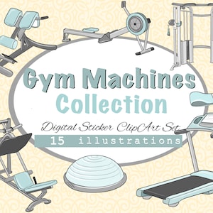 Grafiki przewodników treningowych / Maszyny do ćwiczeń Sprzęt fitnessowy Clipart Pakiet naklejek cyfrowych (PNG Natychmiastowe pobieranie grafik przewodników fitness)