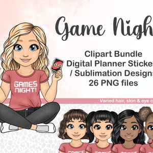 Niedliche Spiel Nacht Teenager-Mädchen Chibi mit Spielkarten, Kawaii Tochter Puppe PNG, digitale Planer Symbol, druckbare Becher Sublimation Datei