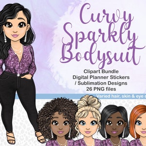 Clipart di ragazza formosa scintillante disegnata a mano, adesivo PNG Goodnotes di donna affascinante, file di sublimazione di bambola di moda elegante, adesivo per pianificatore digitale