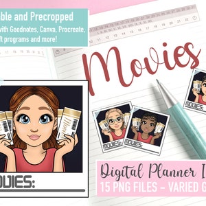 Movie Night Mini PNG Icons, Cinema Girl Clipart Bundle, Movie Date Planner Sticker, Movie Theatre Tickets Clipart, Bujo Functional Sticker