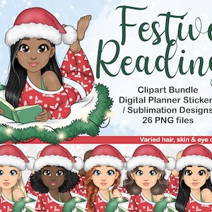 Feestelijke lezing meisje clipart, gezellige kerst afdrukbare sticker meisje, Afro-Amerikaanse vrouw PNG, xmas dame met boek digitale sticker SVG
