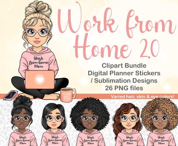 Hand drawn Work from Home Mom, Goodnotes Working Mom, kindle stickers bundle, work planner clipart, Chibi girl  Laptop PLR digital stickers