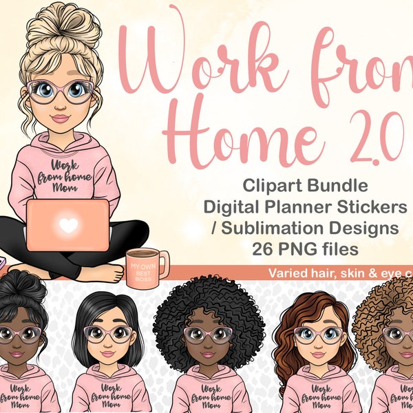 Work from Home Mom, Goodnotes Working Mom, Mom stickers svg bundle, work planner clipart, Chibi girl with Laptop SVG, PLR digital stickers