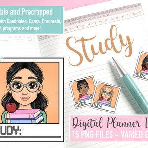 Estudia Mini Digital Planner PNG Icons, University Girl PNG files, College Printable Planner Goodnotes Sticker, Student Clipart, Bujo Learning