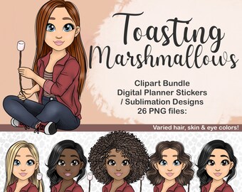 Toasting Marshmallows Girl PNG, Kawaii Fall Clipart, Campfire S’mores Roasting Digital Planner Sticker, Autumn Activities Sublimation Files