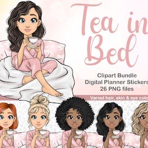 Chica planificadora con imágenes prediseñadas de té / Mujer bebiendo archivos de té / Imágenes prediseñadas de té con leche / Imágenes prediseñadas de niña de cuidado personal / Actividades imprimibles / Chica negra png