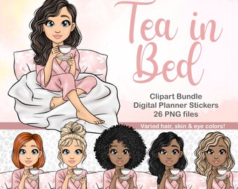 Tea in Bed Clipart Bundle | Planner Girl PNG Files (Digital Download)