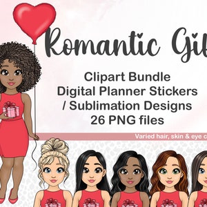 Ragazza regalo romantica con palloncino PNG, Clipart di San Valentino, Kawaii Romantic Chibi PNG, Anniversario Clipart Bundle, Love Sublimation png