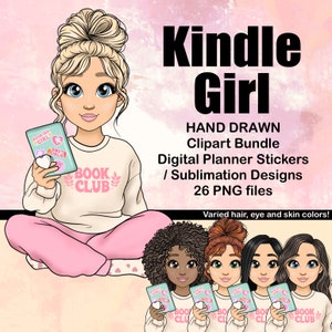 Kindle Girl PNG, Bookish Girl Clipart, Bookworm Romantasy e-reader, Adesivo de planejador de rastreamento de leitura digital personalizado, avatar de sublimação