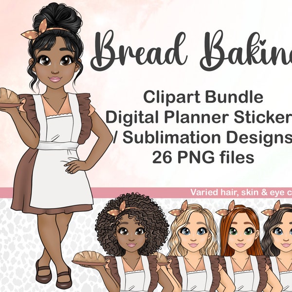 Cute Bakery Clipart, Kawaii Bread Baker Girl PNG, Printable Sticker Brunch Girl, Sublimation Files Tumbler, Cricut Character Avatar Chibi