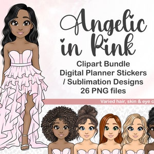 Pretty Dress Fashion Girl PNG, Glamorous Evening Gown Woman Sticker, Black Girl Clipart, Kawaii Doll Sublimation File, Digital Planner Girls