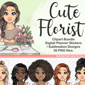 Niedliche Blumengeschäft Mädchen Clipart, Frühlingsblumen Frau PNG, schwarze Afro Mom in Floral Shop Silhouette Dateien, druckbare digitale Sticker SVG