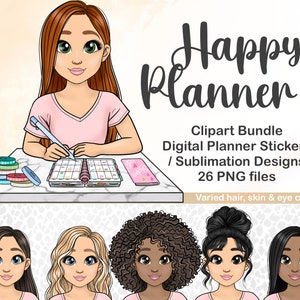 Puede incluir: Paquete de imágenes prediseñadas digitales que presenta a una mujer de dibujos animados con cabello rojo, escribiendo en una agenda. La imagen incluye el texto "Happy Planner", "Clipart Bundle" y "Digital Planner Stickers / Sublimation Designs". La imagen también muestra una variedad de tonos de piel y colores de cabello.