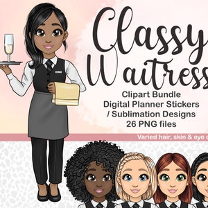 Classy Restaurant Serveerster Meisje PNG, Verfijnde Champagne Ober Clipart, Cute Chibi Mensen Illustratie, Zwarte Afro Vrouw Sublimatie