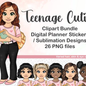 Linda adolescente estudante Chibi com livros e mochila, boneca filha Kawaii PNG, ícone de planejador digital, arquivo de sublimação de copo para impressão