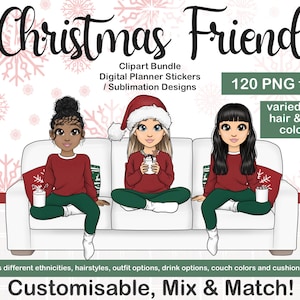 Hand gezeichnetes anpassbares Weihnachtsfreunde-Clipart-Bündel, personalisiertes Xmas Schwester Besties-Weihnachtskarten-Porträt, Tumble Sublimation PNG