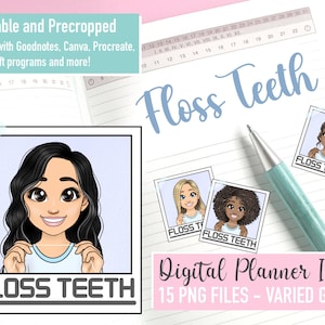 Floss Tanden Herinnering Mini Digitale Planner PNG Pictogrammen, Tandarts Tanden Emoticon Meisje PNG, Afdrukbare Planner Goodnotes Wekelijkse Stickers