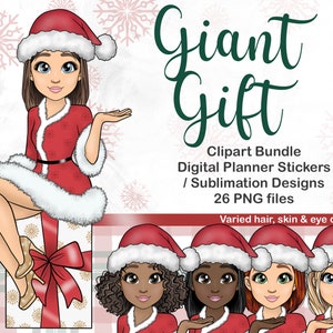 Santa Mädchen auf A Weihnachtsgeschenk Clipart, niedliche Xmas Chibi Mode Puppe PNG, Noel präsentiert Frau Becher Sublimation Dateien, digitaler Planer SVG
