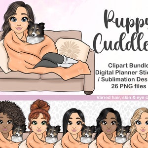 Puppy Cuddles PNG, Dog Mom Clipart, Kelpie Shetland Sheepdog Clipart, Dog Lover Sublimation Files, Digital Planner Doll, Printable Sticker