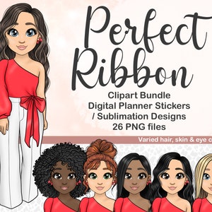 お祝いのホリデー衣装を着たかわいいちびガール PNG、ファッションガール クリップアート、デジタル プランナー ドール、かわいい黒人の女の子昇華 Cricut ファイル SVG