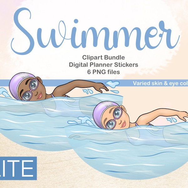 Natation Cartoon Girl Clipart / Nageuse Femme PNG / Activité sportive Autocollant imprimable / Natation Goodnotes Sticker Planner Poupée / Natation Svg