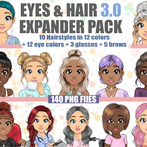 Custom Hairstyle Digital Planner Sticker Bundel, Cute Hair Clipart PNG, Overlay Sublimation Hair Art, Space buns Activity Girl Expander Pack