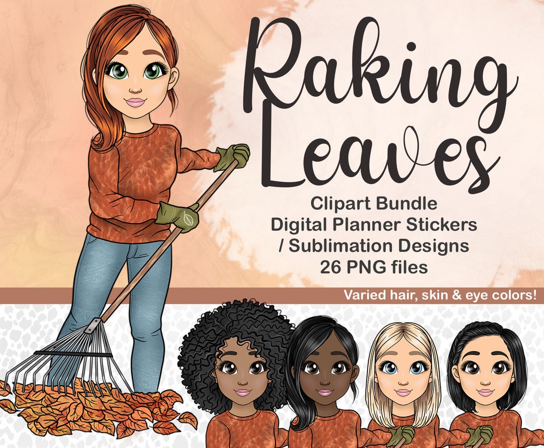 Cute Fall Fashion Girl Raking Leaves Clipart, Autumn Leaf Woman PNG